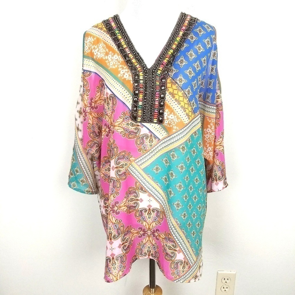 NWOT Melissa Paige Top | sz L Boho, Embellished, Lagenlook, oversized